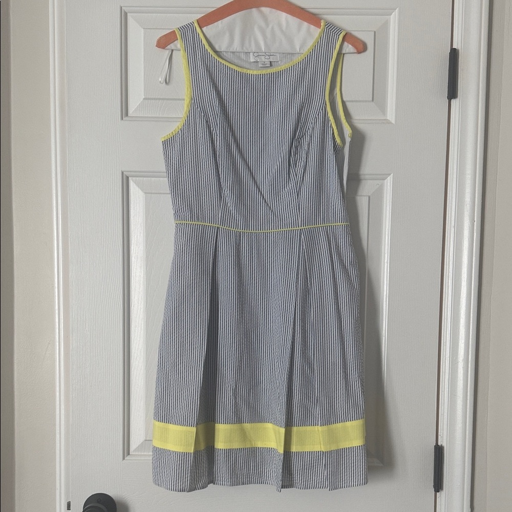 Jessica Simpson Blue and White Striped Seersucker Dress with Yellow Accents